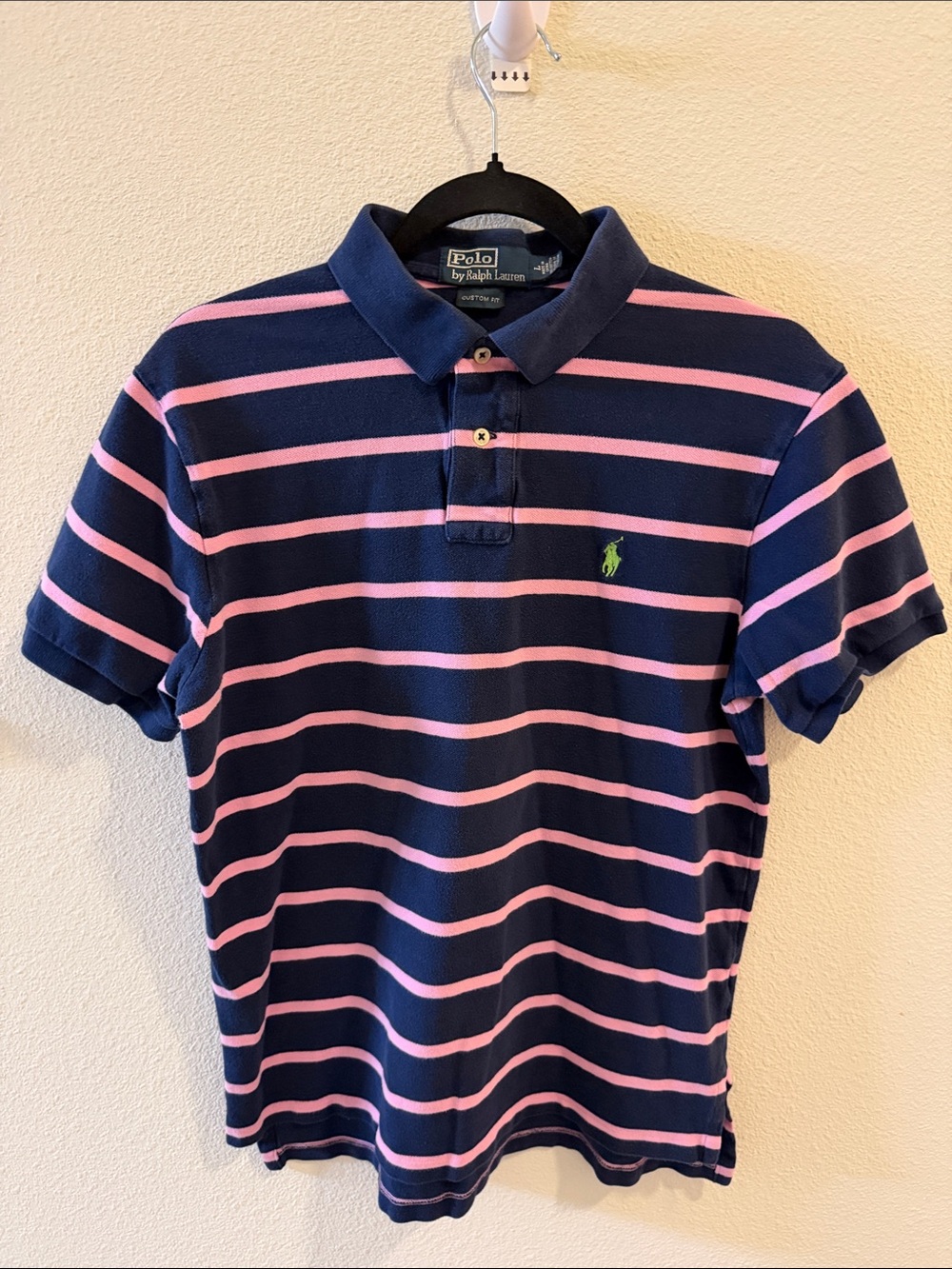 Polo Ralph Lauren Custom Fit Striped Polo Shirt Navy Pink Men's L